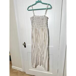 Loft Outlet Taupe White Striped Smocked Midi Beach Coastal Breezy Dress LP